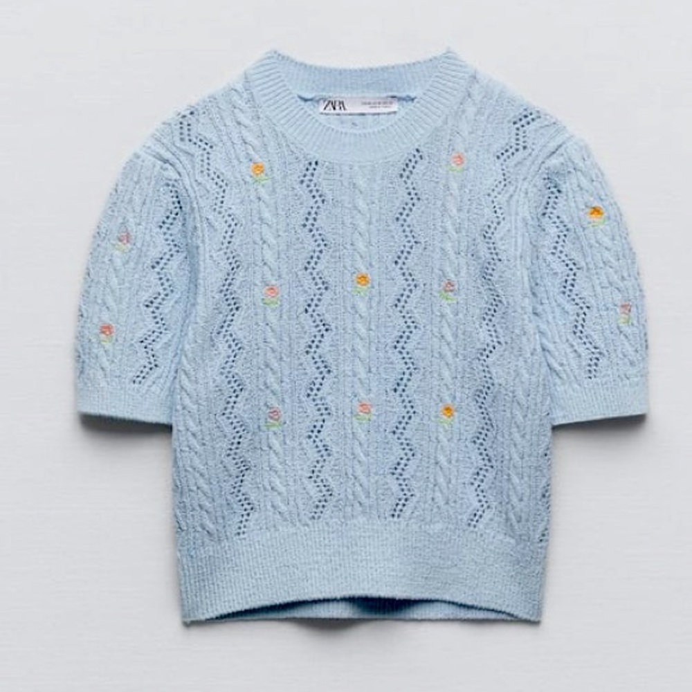 New With Tag Zara Embroidered Floral Knit Top